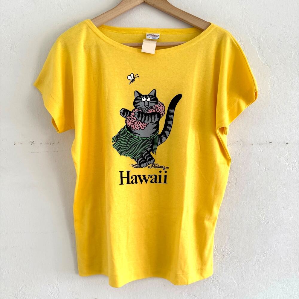 NWT Crazy Shirts 1980s Vintage B Kliban Fat Cat Hawaii T Shirt Size Large Yellow